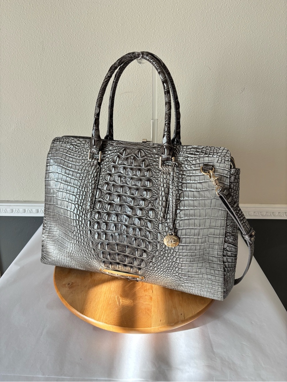 Brahmin Gray Croc-Embossed Leather Satchel with Gold Hardware